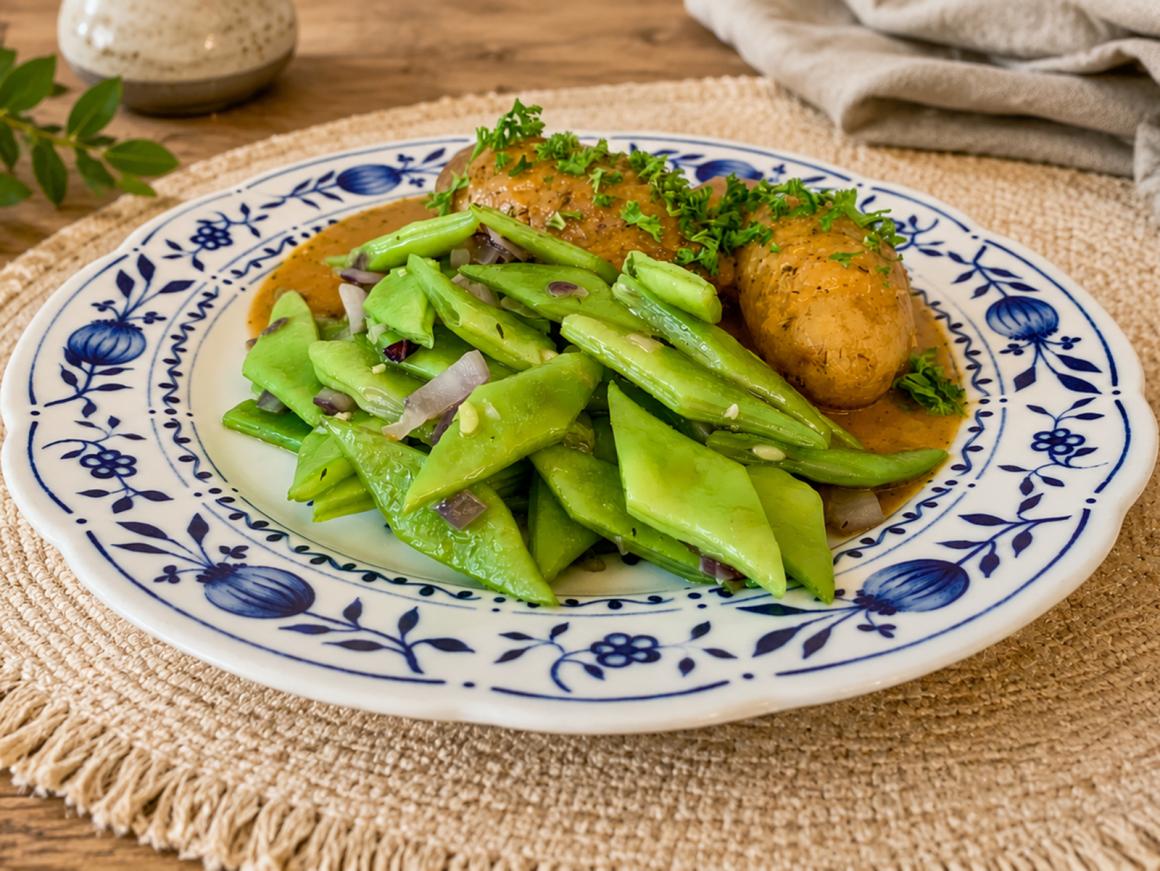 Stangenbohnen mit Pellkartoffeln und Zwiebelsoße