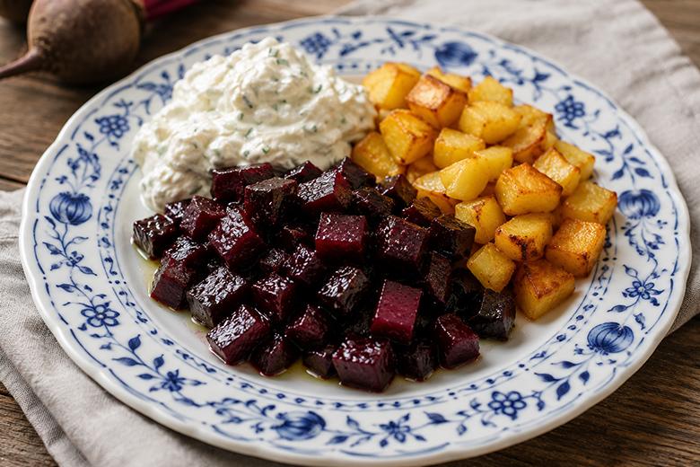 Gebratene rote Bete mit Meerrettich-Schmand und Bratkartoffeln