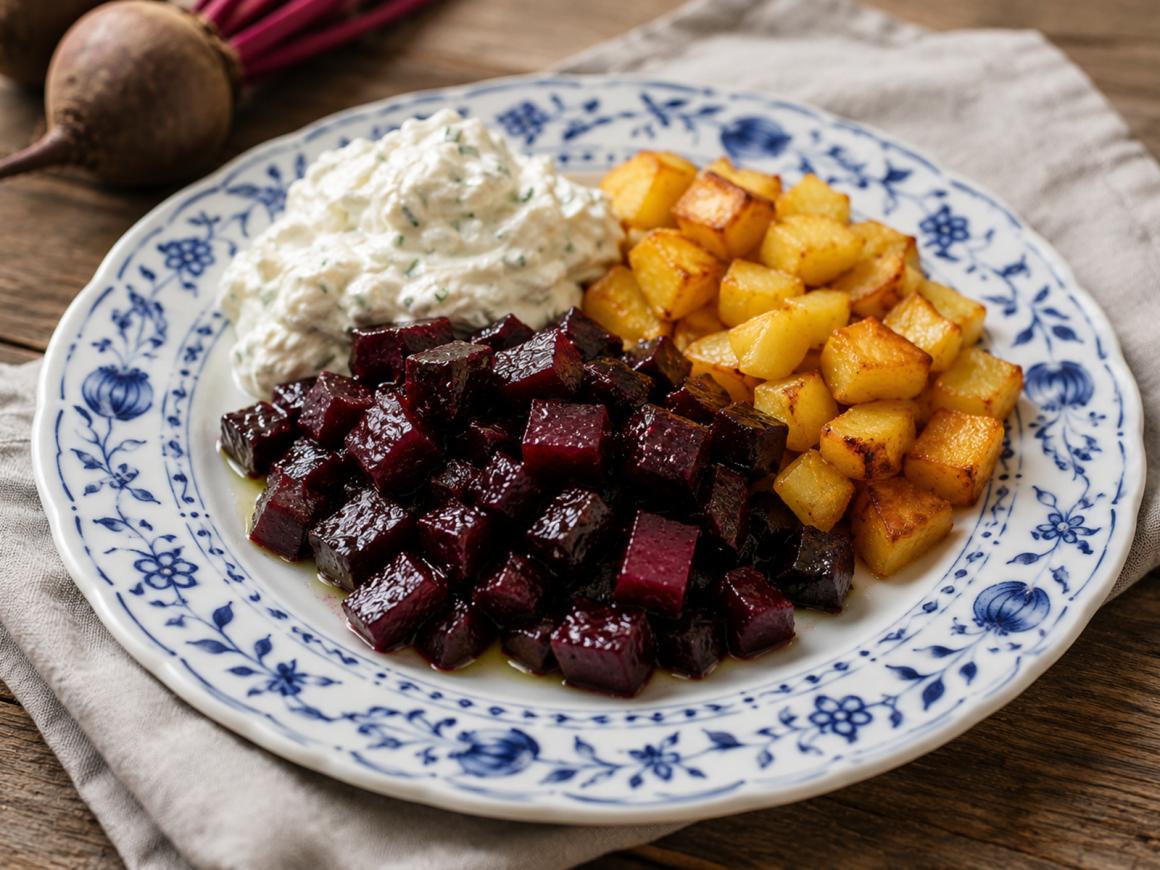 Gebratene rote Bete mit Meerrettich-Schmand und Bratkartoffeln