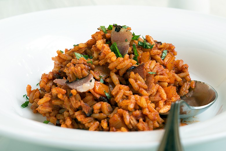 Paprika-Reis mit Speck