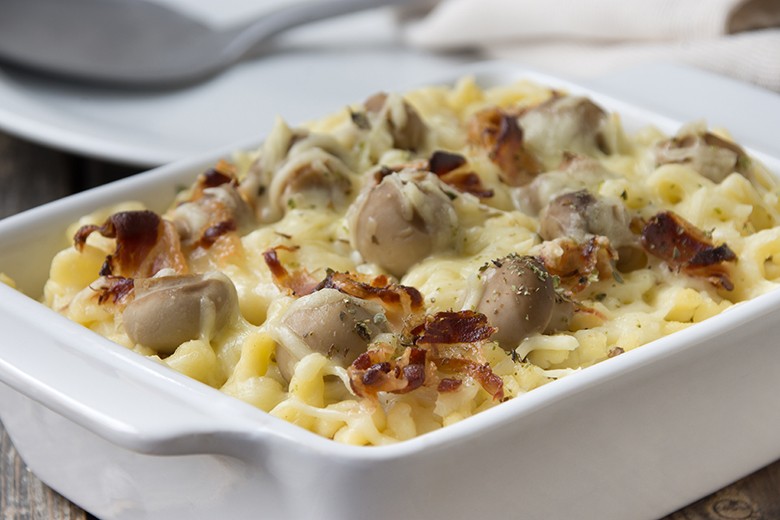 Spätzleauflauf mit Speck und Zwiebel