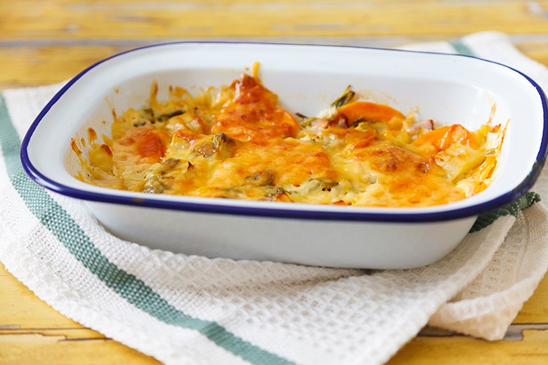 Süßkartoffel-Mangold-Gratin