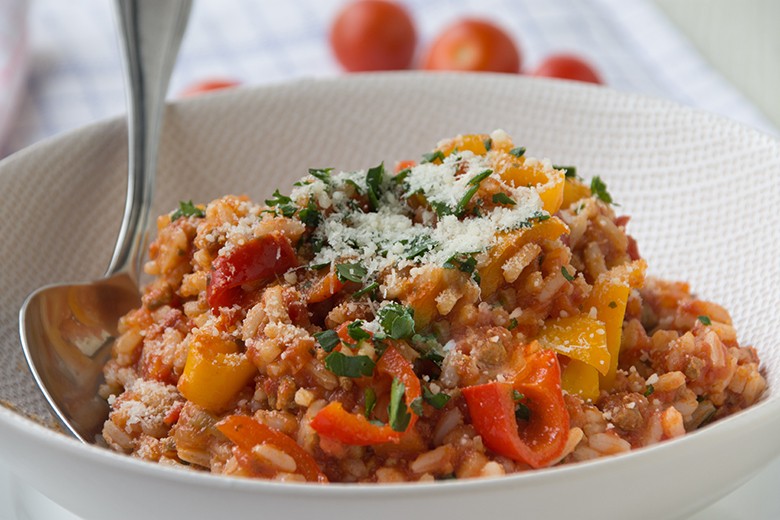 Paprika-Hack-Pfanne mit Reis