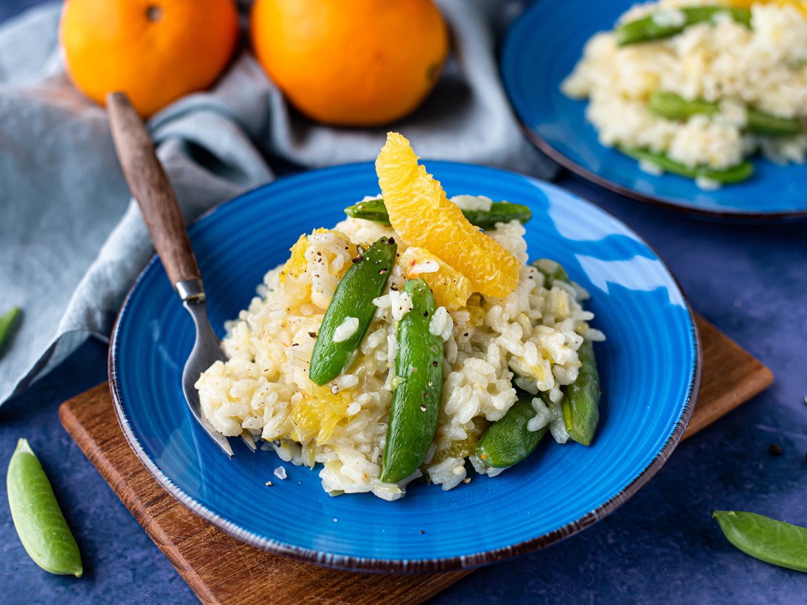 Orangen-Risotto mit Zuckerschoten - Rezept