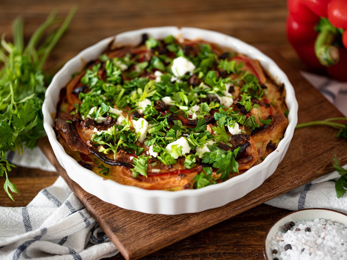 Süßkartoffel-Auflauf mit Paprika und Feta
