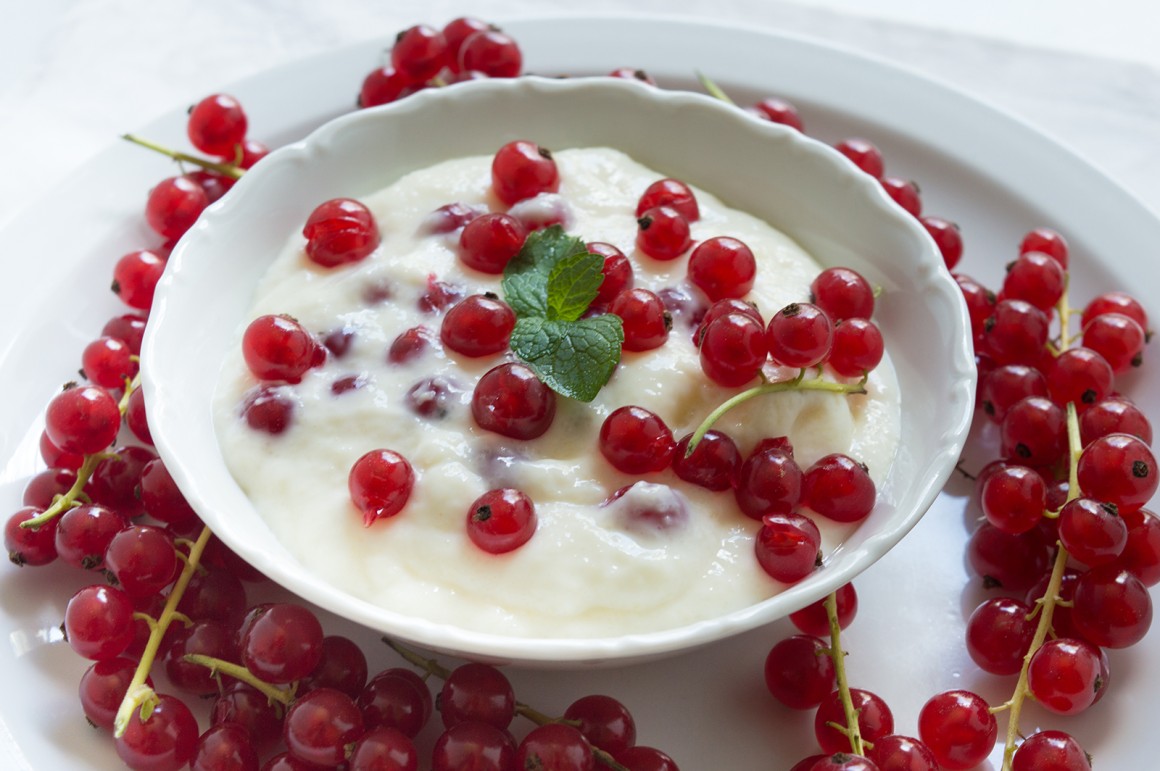 Pudding mit weißer Schokolade und Johannisbeeren