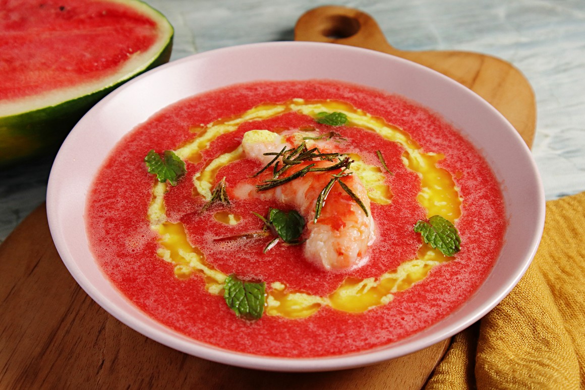 Melonensuppe mit Garnelen