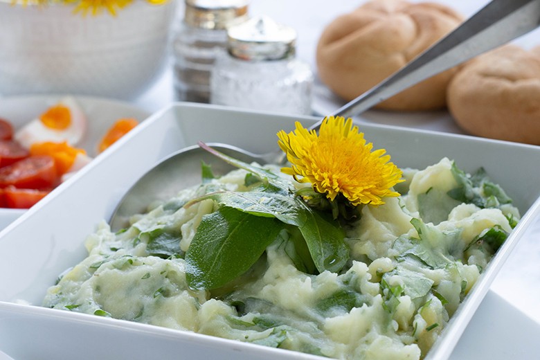 Kartoffelstampf mit jungem Löwenzahn
