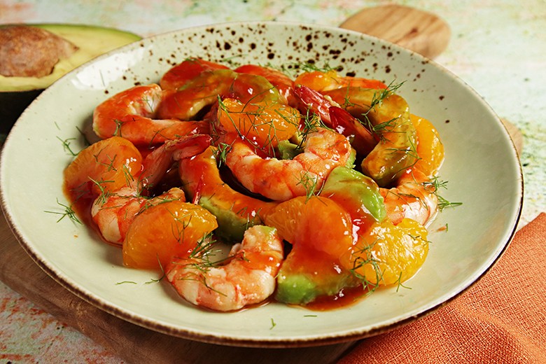 Avocadosalat mit Orange und Shrimps