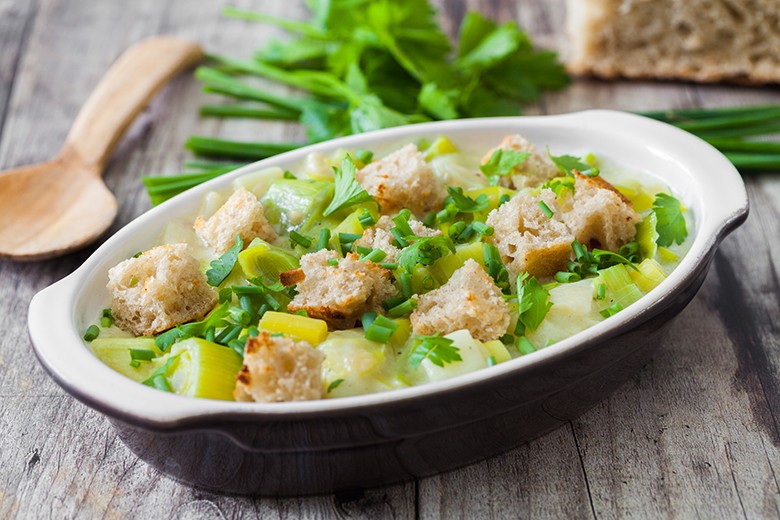 Lauchgratin mit Croutons