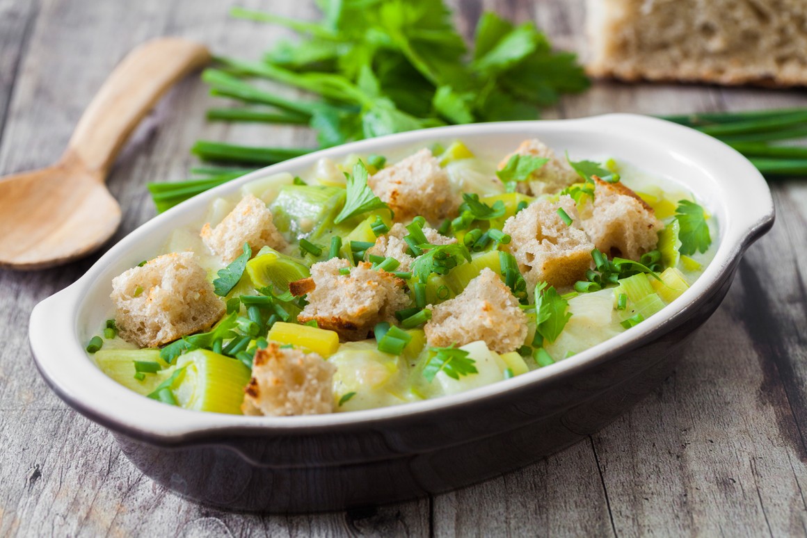 Lauchgratin mit Croutons
