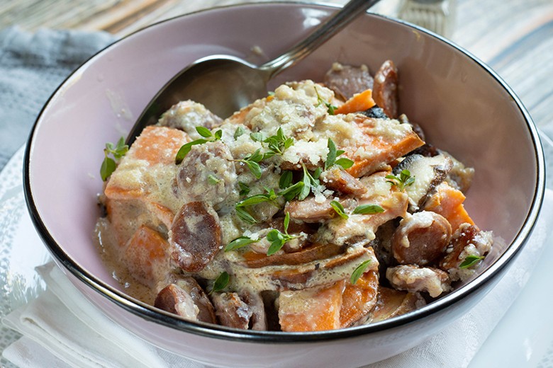 Kürbispfanne mit Bratwurst