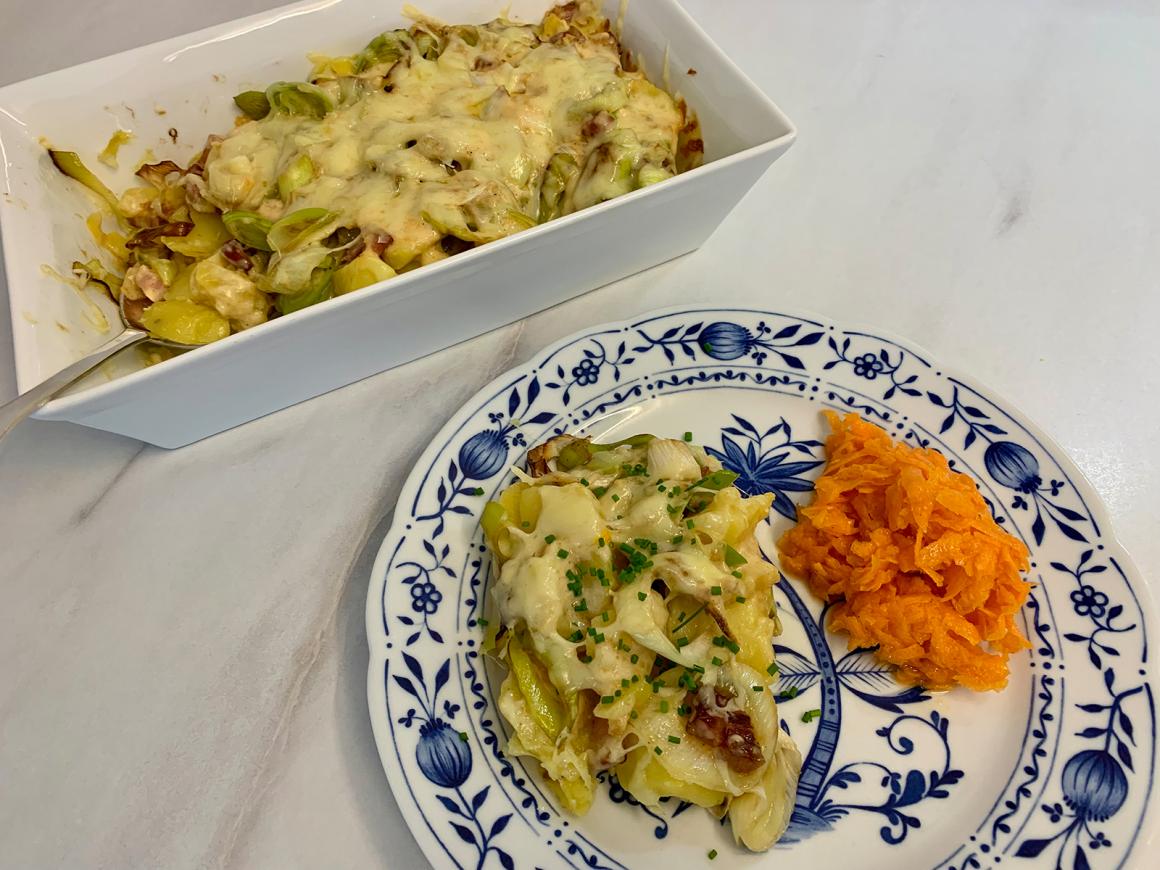 Kartoffel-Lauch-Gratin mit Speck